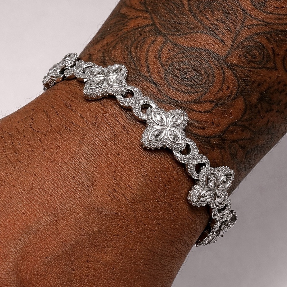 Men Silver clover Floral Link Bracelet 8inch  - Sparkling Cubic Zirconia
